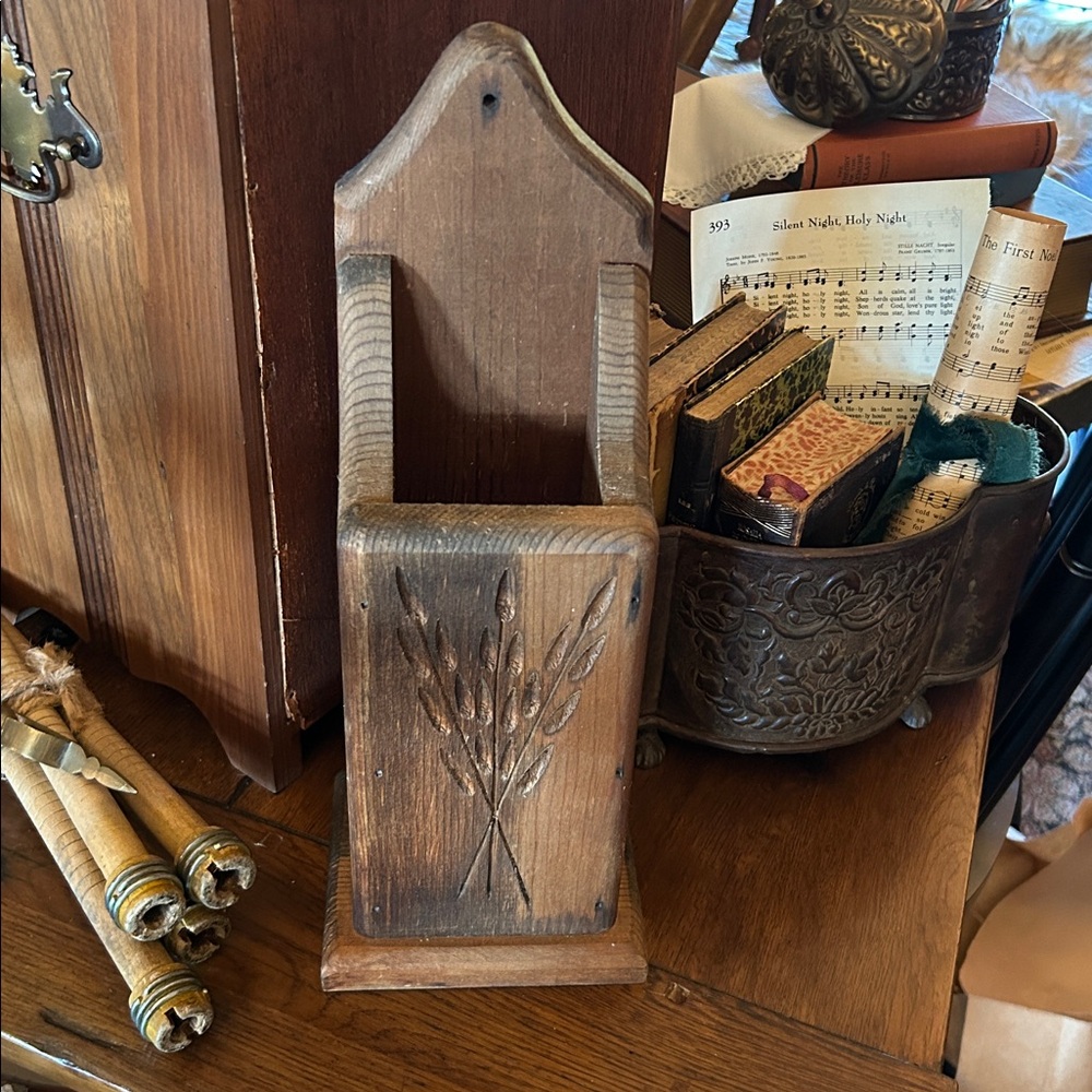 Vintage Wooden Wheat Motif Candle Box